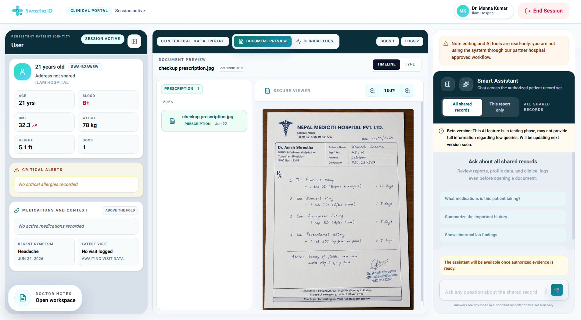 Doctor dashboard and document preview